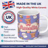 Personalized Custom Name Cute Bear Sloth Lamb Cherry Strawberry Seamless Pattern on Lavender 11oz Ceramic Coffee Tea Mug White Large Handle