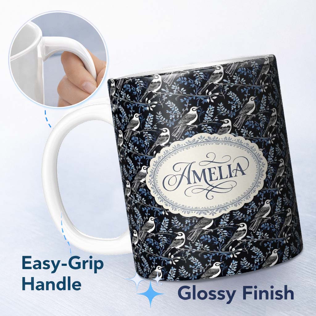 Personalized Custom Name Monochrome Bird Branch Leaf Seamless Pattern Black Blue Elegant 11oz Ceramic Coffee Tea Mug White Large Handle
