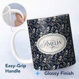 Personalized Custom Name Monochrome Bird Branch Leaf Seamless Pattern Black Blue Elegant 11oz Ceramic Coffee Tea Mug White Large Handle