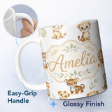 Personalized Custom Name Cute Baby Jungle Animals with Leaves on Grey Background Seamless 11oz Ceramic Coffee Tea Mug White Large Handle