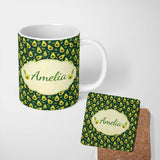 Personalized Custom Name Avocado Leaves Botanical Green Pattern Thoughtful Gift Idea Lovely 11oz Ceramic Coffee Tea Mug White Large Handle