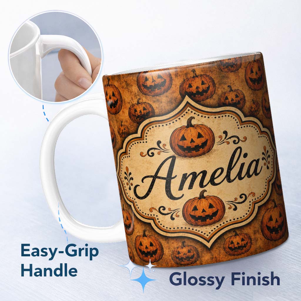 Personalized Custom Name Vintage Halloween Jack O Lantern Pumpkin Pattern on Distressed 11oz Ceramic Coffee Tea Mug White Large Handle