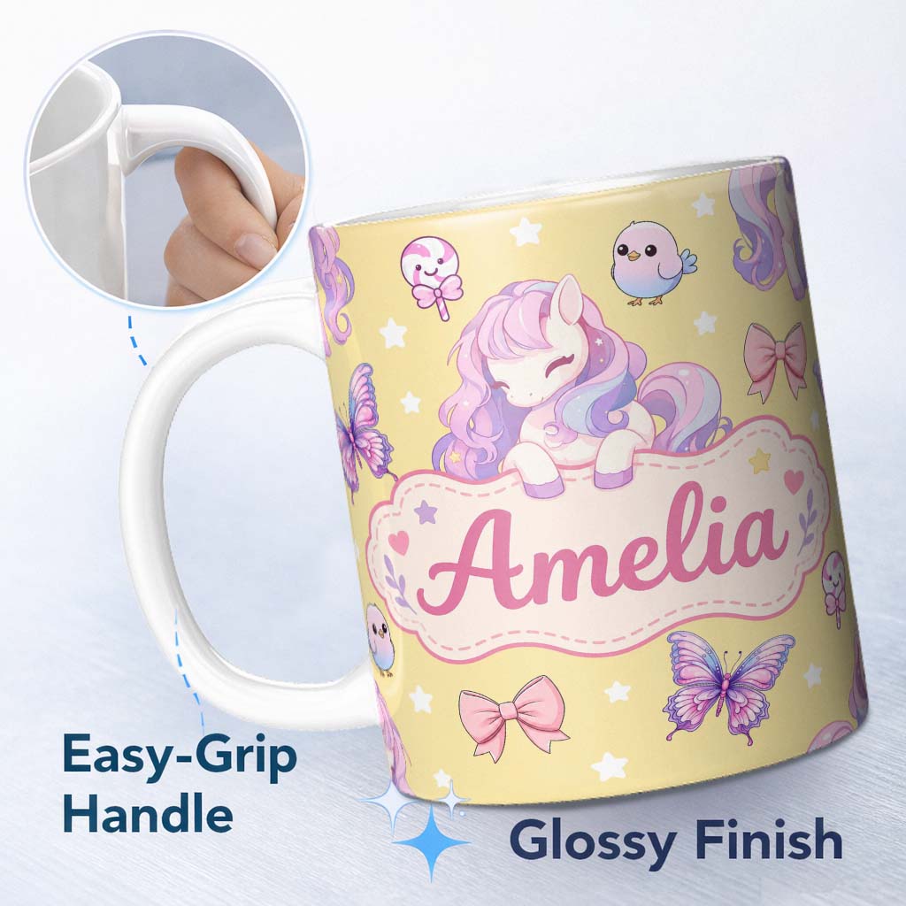 Personalized Custom Name Cute Pastel Unicorn Butterfly Candy Stars Yellow Background Seamless 11oz Ceramic Coffee Tea Mug White Large Handle
