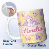 Personalized Custom Name Cute Pastel Unicorn Butterfly Candy Stars Yellow Background Seamless 11oz Ceramic Coffee Tea Mug White Large Handle