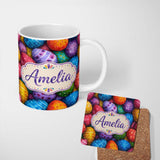 Personalized Custom Name Hand Painted Easter Egg Pattern with Dots and Decorative Details 11oz Ceramic Coffee Tea Mug White Large Handle