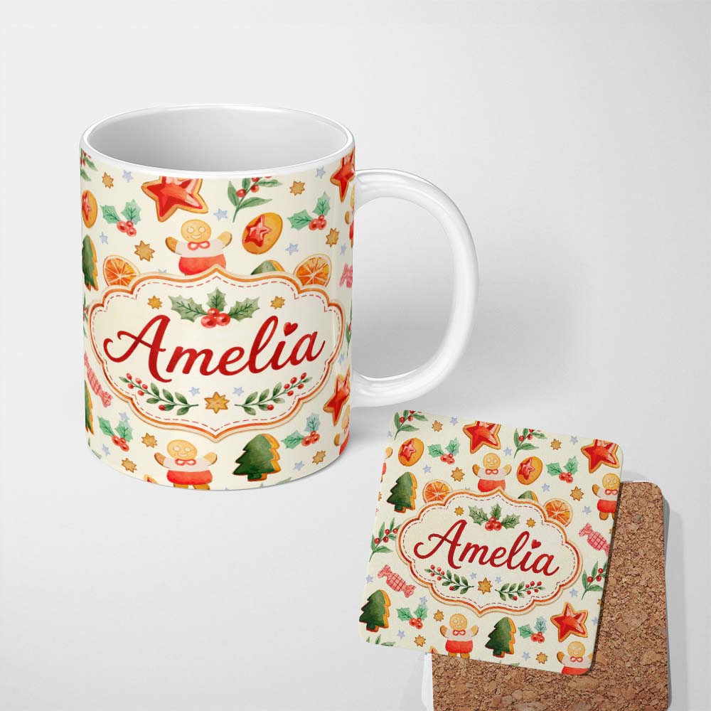 Personalized Custom Name Festive Christmas Cookies Gingerbread Orange Slices Seamless Pattern 11oz Ceramic Coffee Tea Mug White Large Handle
