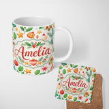 Personalized Custom Name Festive Christmas Holly Star Ornament Heart Seamless Pattern Lovely 11oz Ceramic Coffee Tea Mug White Large Handle