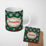 Personalized Custom Name Cute Green Knitted Christmas Tree Reindeer Snowflake Nordic Seamless 11oz Ceramic Coffee Tea Mug White Large Handle