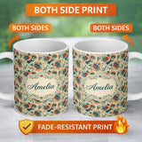 Personalized Custom Name Teal Orange Floral Garden Seamless Pattern Beautiful Coffee Cup 11oz Ceramic Coffee Tea Mug White Large Handle