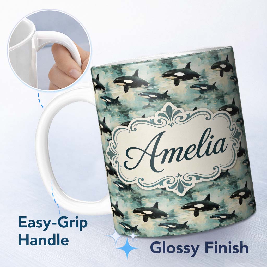 Personalized Custom Name Orca Whale Bubble Ocean Seamless Pattern Playful Marine Life Design 11oz Ceramic Coffee Tea Mug White Large Handle
