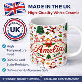 Personalized Custom Name Cute Santa Snowman Elf Christmas Tree Seamless Pattern Lovely 11oz Ceramic Coffee Tea Mug White Large Handle