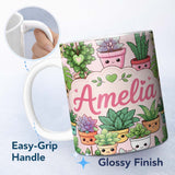 Personalized Custom Name Cute Kawaii Smiling Plant Pots Succulents Leaves Pattern Blush 11oz Ceramic Coffee Tea Mug White Large Handle