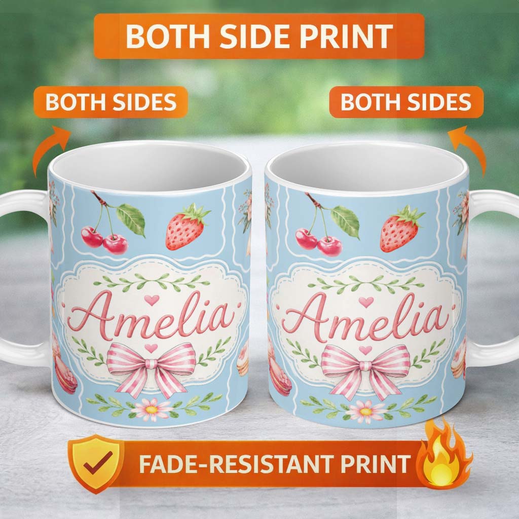 Personalized Custom Name Cute Strawberry Cherry Ribbon Bow Sweet Dessert Pattern Dusty Blue 11oz Ceramic Coffee Tea Mug White Large Handle