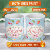 Personalized Custom Name Cute Strawberry Cherry Ribbon Bow Sweet Dessert Pattern Dusty Blue 11oz Ceramic Coffee Tea Mug White Large Handle