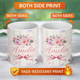 Personalized Custom Name Elegant Watercolor Rose Bouquet Ribbon Butterfly Sage Stripe Lovely 11oz Ceramic Coffee Tea Mug White Large Handle
