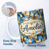 Personalized Custom Name Artistic Ice Cream Cones Over Starry Night Inspired Blue Swirl 11oz Ceramic Coffee Tea Mug White Large Handle