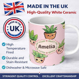 Personalized Custom Name Cute Kawaii Smiling Plant Pots Leaves Seamless Pattern Blush Lovely 11oz Ceramic Coffee Tea Mug White Large Handle