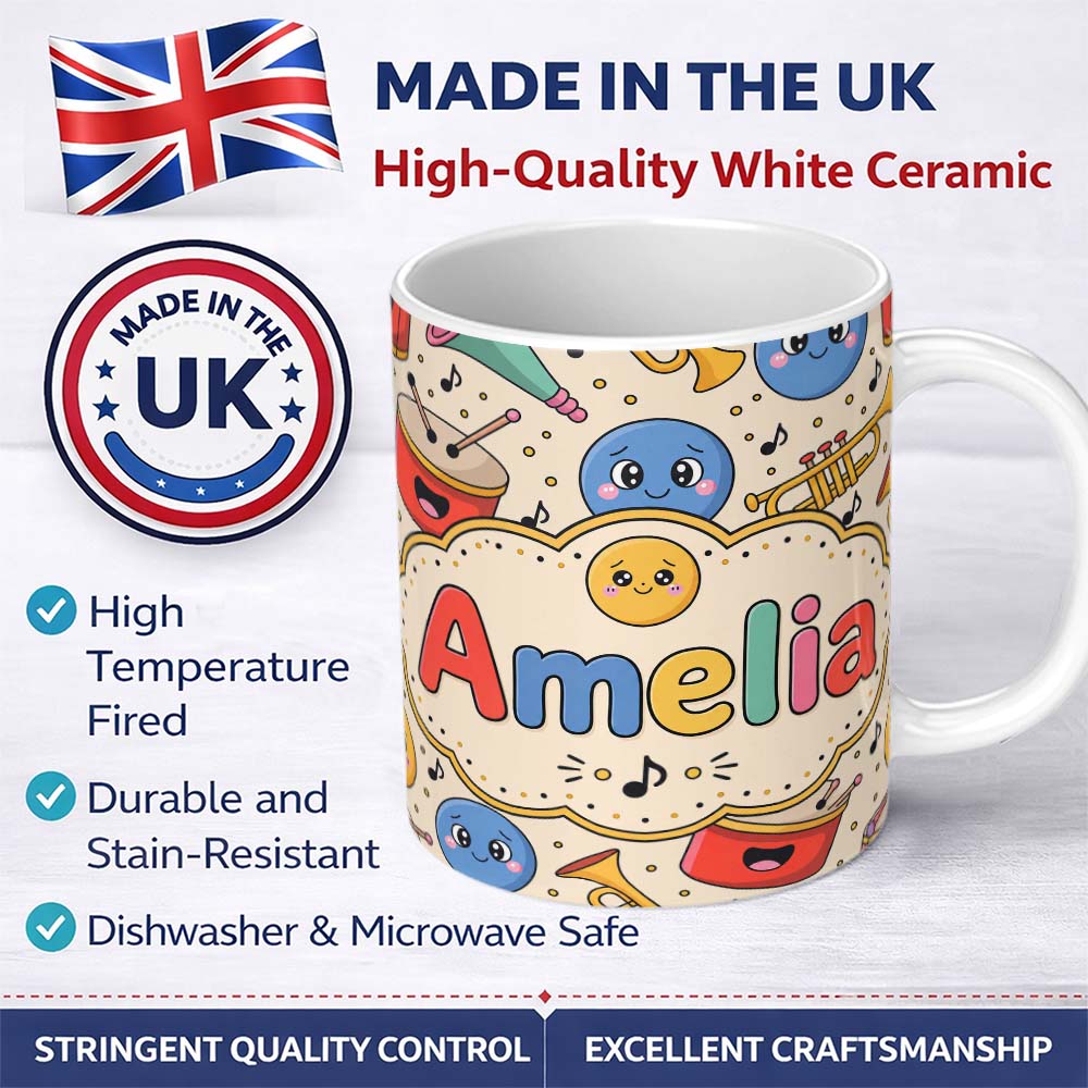 Personalized Custom Name Cute Musical Instruments Notes Cartoon Fun Seamless Pattern Lovely 11oz Ceramic Coffee Tea Mug White Large Handle