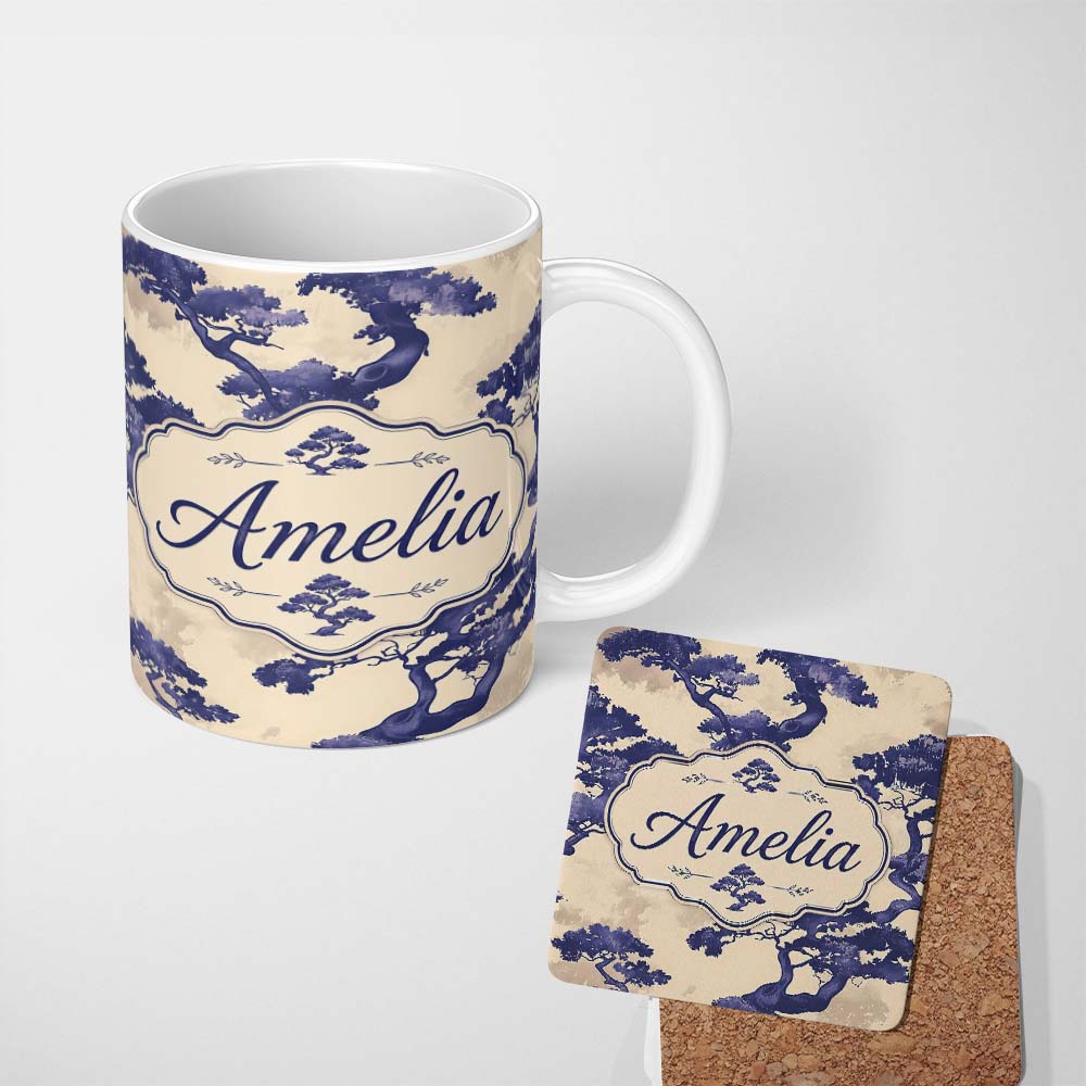 Personalized Custom Name Artistic Blue Bonsai Trees on Textured Beige Background Pattern 11oz Ceramic Coffee Tea Mug White Large Handle