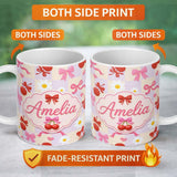 Personalized Custom Name Cute Cherry Bow Daisy Heart Seamless Pattern on Pastel Lilac Gingham 11oz Ceramic Coffee Tea Mug White Large Handle