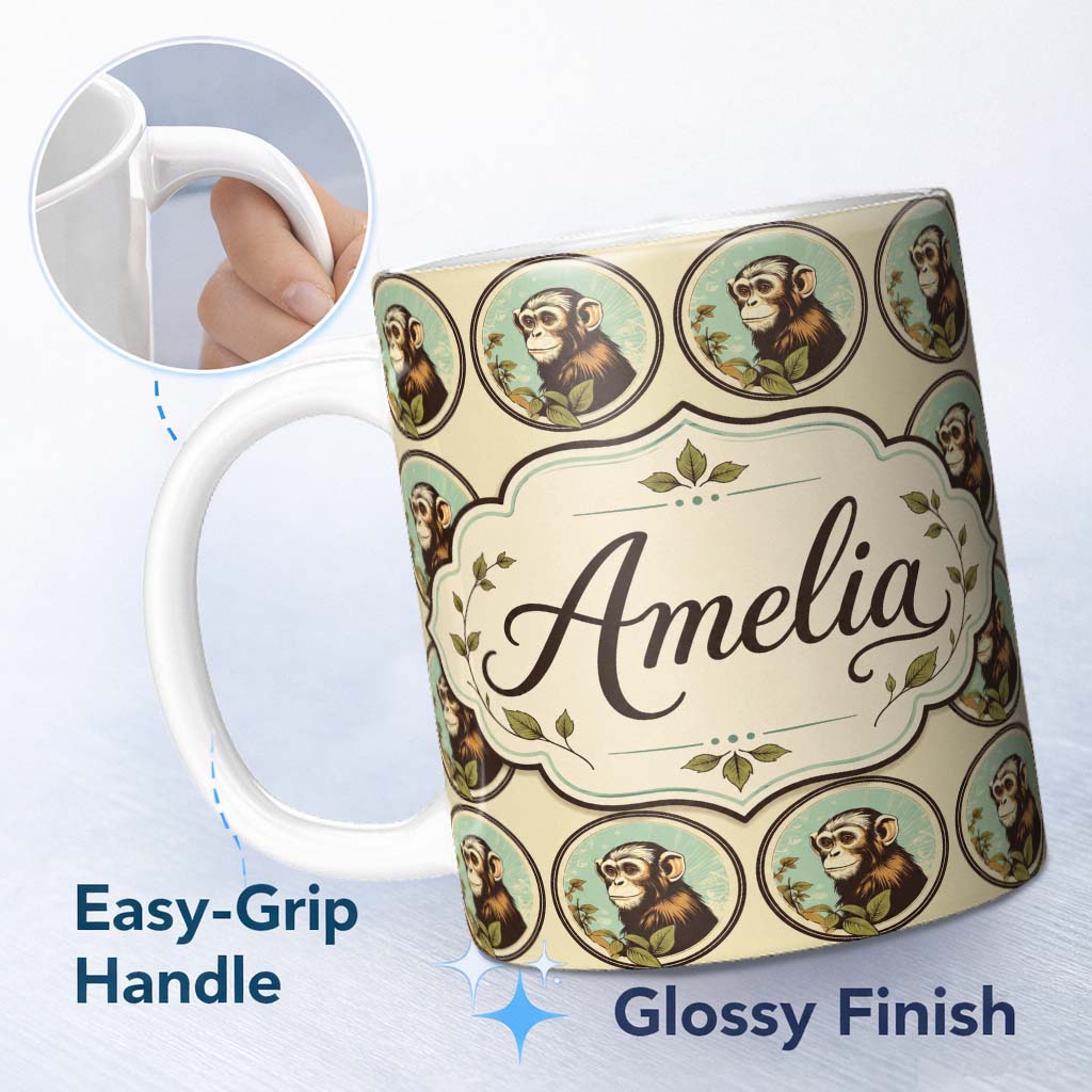 Personalized Custom Name Vintage Monkey Portrait Circular FrameNeutral Background Design 11oz Ceramic Coffee Tea Mug White Large Handle