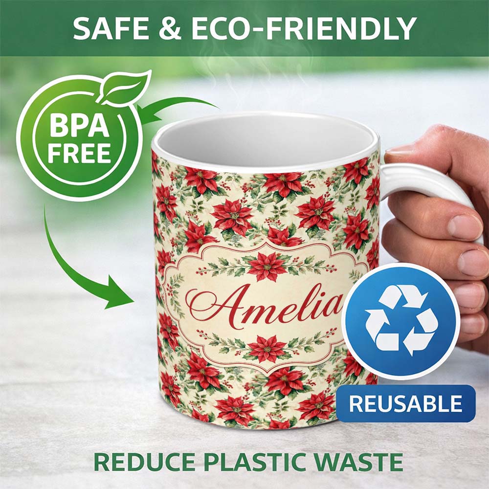 Personalized Custom Name Classic Christmas Poinsettia Floral Cream Background Seamless Lovely 11oz Ceramic Coffee Tea Mug White Large Handle