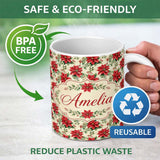 Personalized Custom Name Classic Christmas Poinsettia Floral Cream Background Seamless Lovely 11oz Ceramic Coffee Tea Mug White Large Handle