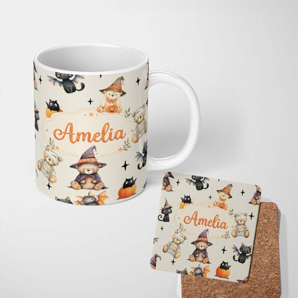 Personalized Custom Name Cute Halloween Teddy Bears Mummy Witch Cat Pumpkin Stars Cream 11oz Ceramic Coffee Tea Mug White Large Handle