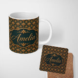 Personalized Custom Name Luxury Ornate Baroque Floral Tile Pattern in Gold on Deep Teal 11oz Ceramic Coffee Tea Mug White Large Handle