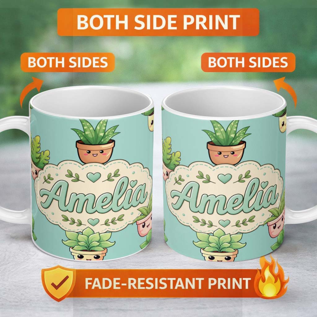 Personalized Custom Name Cute Kawaii Smiling Plant Pots Leaves Seamless Pattern Mint Lovely 11oz Ceramic Coffee Tea Mug White Large Handle
