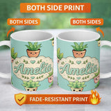 Personalized Custom Name Cute Kawaii Smiling Plant Pots Leaves Seamless Pattern Mint Lovely 11oz Ceramic Coffee Tea Mug White Large Handle