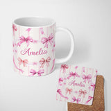 Personalized Custom Name Watercolor Pink Ribbon Bow Seamless Pattern with Blush Pink Stripes 11oz Ceramic Coffee Tea Mug White Large Handle