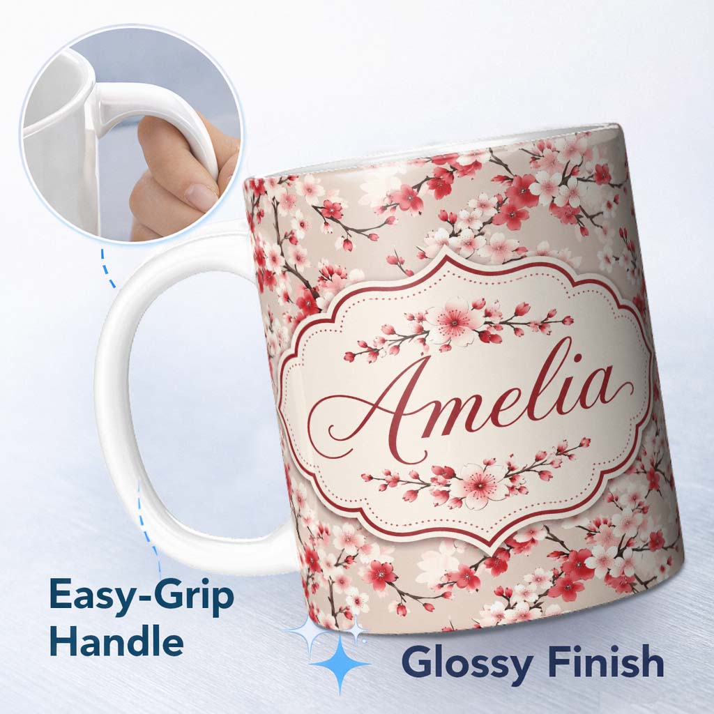 Personalized Custom Name Red and White Cherry Blossom Floral Beige Seamless Pattern Lovely 11oz Ceramic Coffee Tea Mug White Large Handle