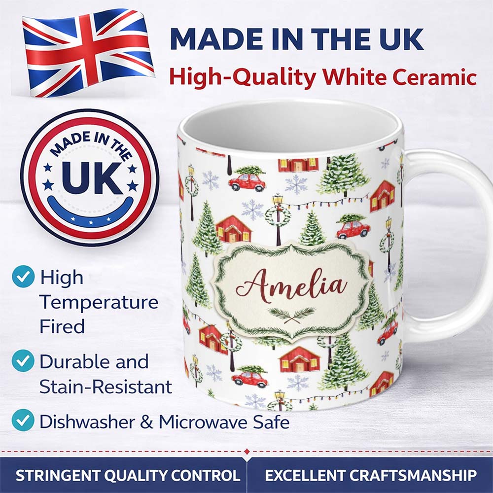 Personalized Custom Name Watercolor Christmas Village with Red Houses Cars and Snowy Trees 11oz Ceramic Coffee Tea Mug White Large Handle