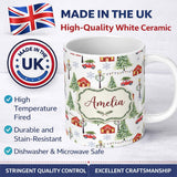 Personalized Custom Name Watercolor Christmas Village with Red Houses Cars and Snowy Trees 11oz Ceramic Coffee Tea Mug White Large Handle