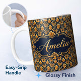 Personalized Custom Name Rich Golden Ornamental Baroque Pattern on Dark Background Seamless 11oz Ceramic Coffee Tea Mug White Large Handle