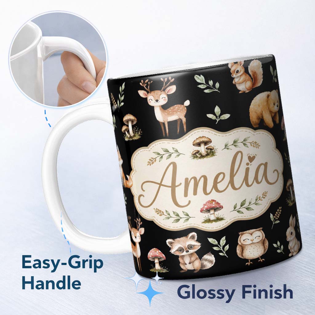 Personalized Custom Name Forest Animals Bear Deer Fox Owl Raccoon on Deep Black Seamless 11oz Ceramic Coffee Tea Mug White Large Handle