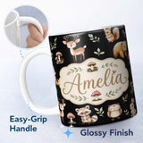 Personalized Custom Name Forest Animals Bear Deer Fox Owl Raccoon on Deep Black Seamless 11oz Ceramic Coffee Tea Mug White Large Handle