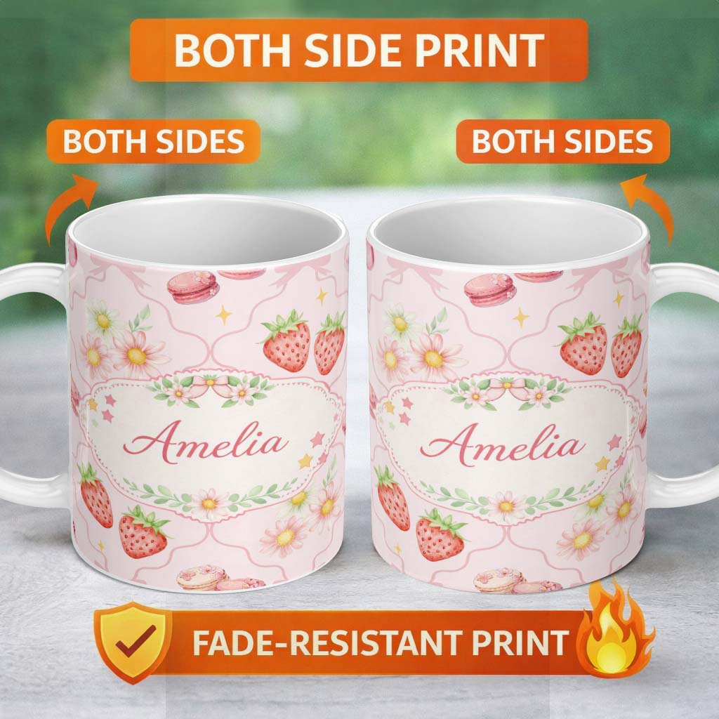 Personalized Custom Name Strawberry Cherry Daisy Seamless Pattern Soft Pink Cute Coquette 11oz Ceramic Coffee Tea Mug White Large Handle
