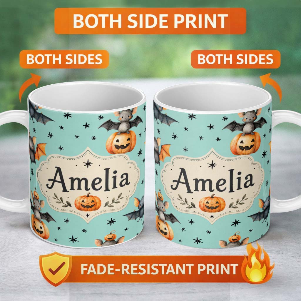 Personalized Custom Name Cute Halloween Bats Sitting on Pumpkins with Stars Teal Background 11oz Ceramic Coffee Tea Mug White Large Handle