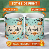 Personalized Custom Name Cute Halloween Bats Sitting on Pumpkins with Stars Teal Background 11oz Ceramic Coffee Tea Mug White Large Handle