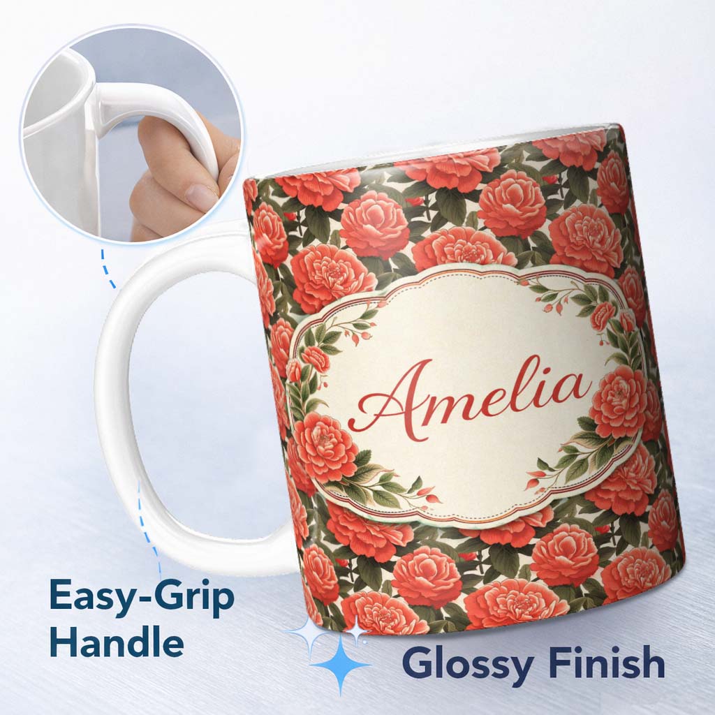 Personalized Custom Name Blush Pink Peony Floral Seamless Pattern Perfect Gift for Her Lovely 11oz Ceramic Coffee Tea Mug White Large Handle