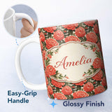 Personalized Custom Name Blush Pink Peony Floral Seamless Pattern Perfect Gift for Her Lovely 11oz Ceramic Coffee Tea Mug White Large Handle