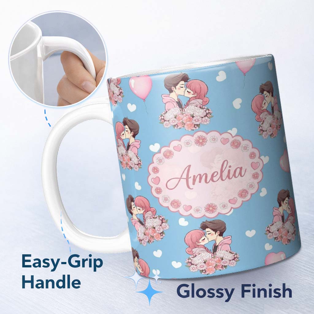 Personalized Custom Name Romantic Couple Kissing Floral Bouquet Hearts Seamless Pattern Blue 11oz Ceramic Coffee Tea Mug White Large Handle