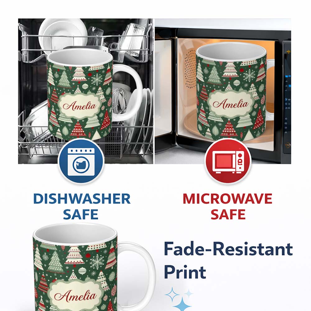 Personalized Custom Name Scandi Christmas Trees Red White Green Snowflakes Nordic Seamless 11oz Ceramic Coffee Tea Mug White Large Handle