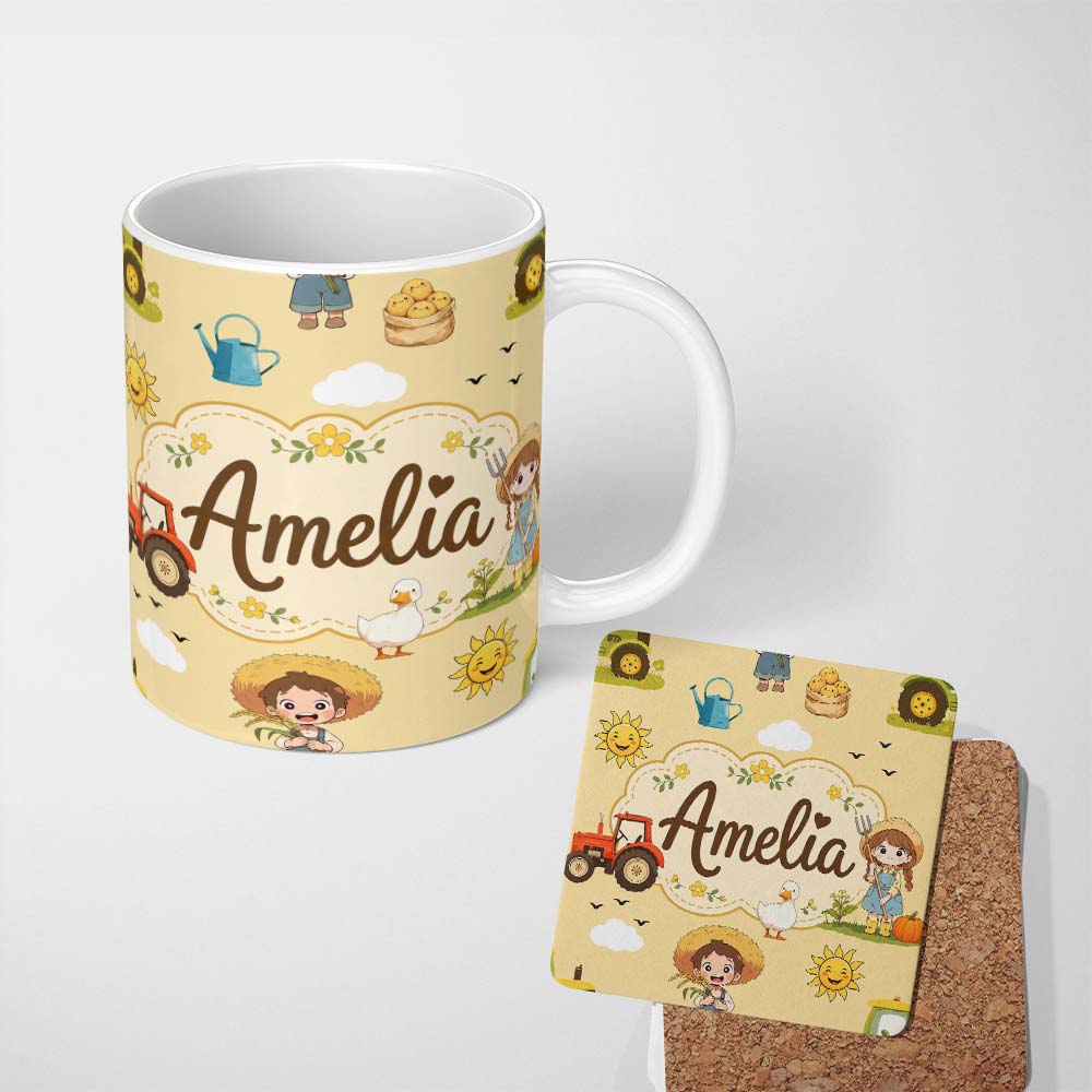 Personalized Custom Name Cute Farm Tractor Duck Girl with Clouds Beige Background Seamless 11oz Ceramic Coffee Tea Mug White Large Handle
