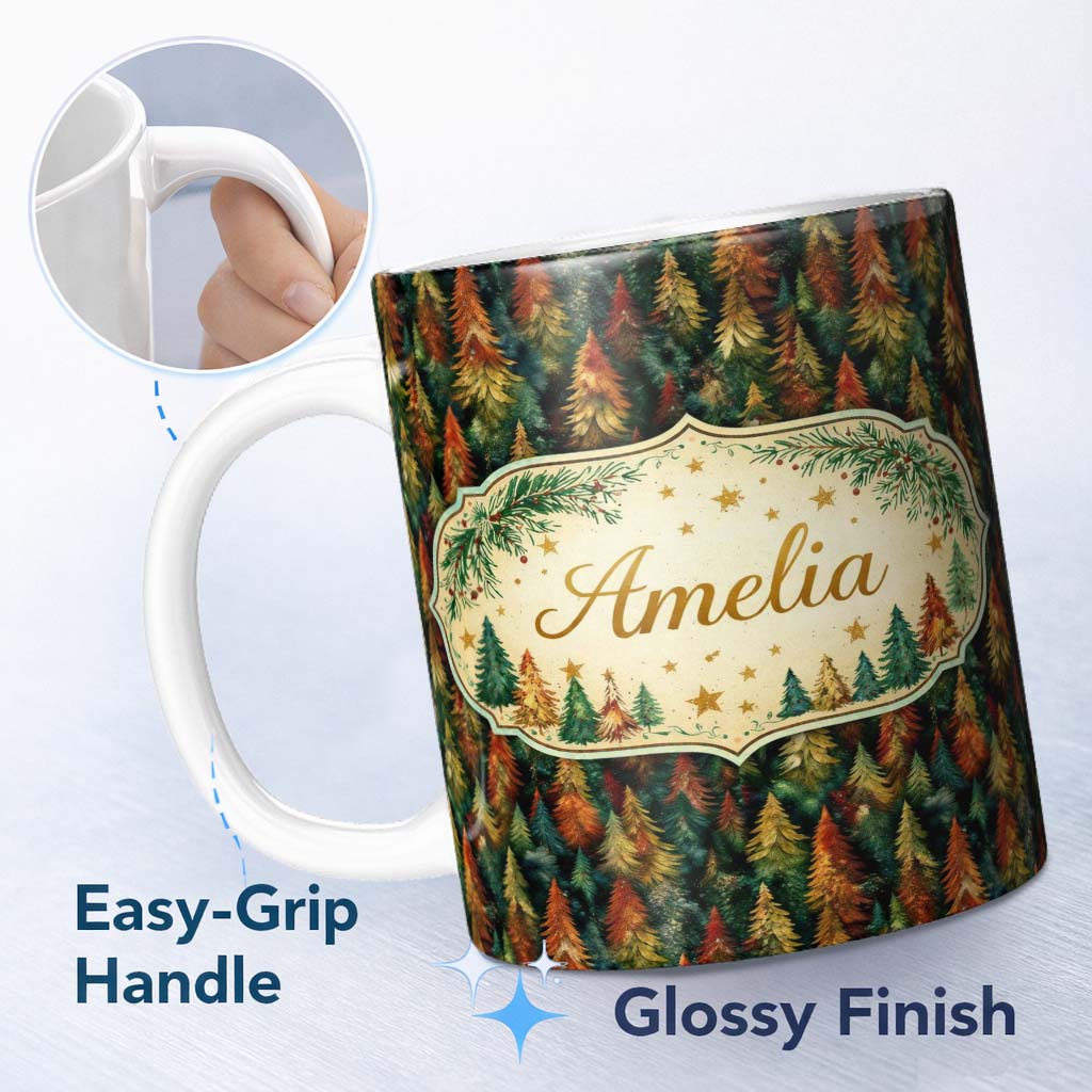 Personalized Custom Name Decorative Nordic Christmas Trees Minimal Seamless Pattern Lovely 11oz Ceramic Coffee Tea Mug White Large Handle