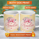 Personalized Custom Name Cute Watercolor Roses Bouquet with Red Ribbon Soft Yellow Background 11oz Ceramic Coffee Tea Mug White Large Handle