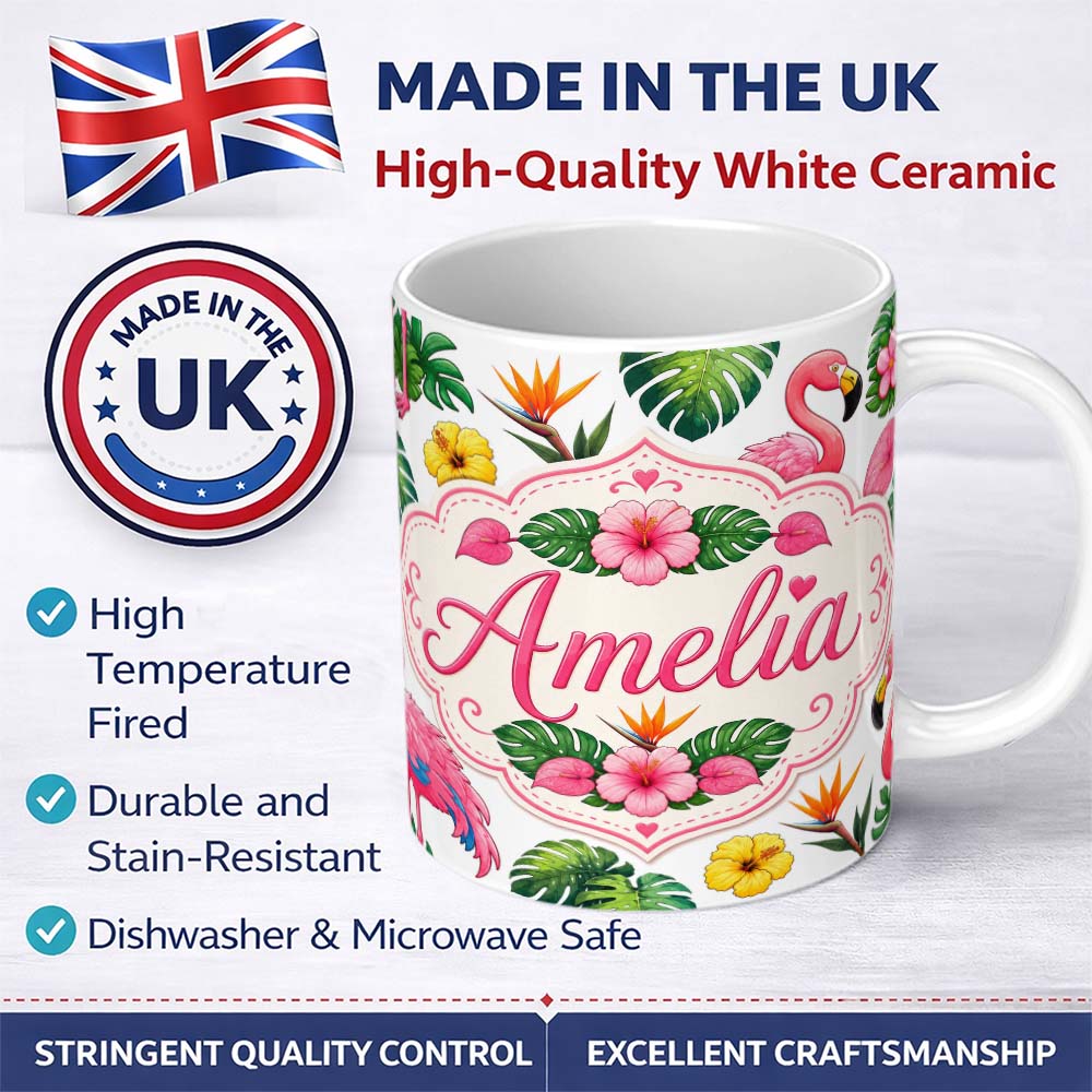 Personalized Custom Name Tropical Flamingo with Hibiscus Flowers and Leaves Light Grey Lovely 11oz Ceramic Coffee Tea Mug White Large Handle