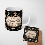 Personalized Custom Name Cute Hedgehog Woodland Mushrooms Leaves Forest Seamless Pattern Name 11oz Ceramic Coffee Tea Mug White Large Handle